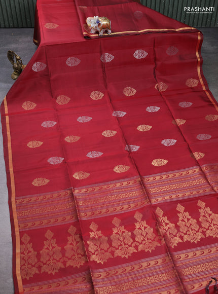 Pure soft silk saree deep maroon with allover silver & gold zari woven buttas and small zari woven border