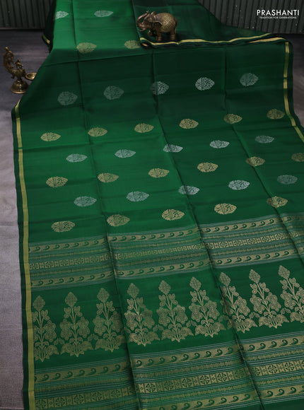 Pure soft silk saree green with allover silver & gold zari woven buttas and small zari woven border