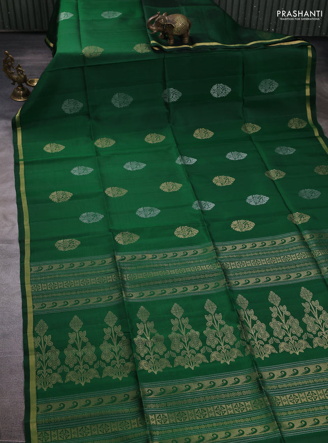 Pure soft silk saree green with allover silver & gold zari woven buttas and small zari woven border