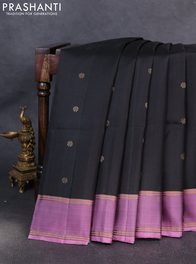 Pure soft silk saree black and mauve pink with allover zari woven buttas and rettapet zari woven border