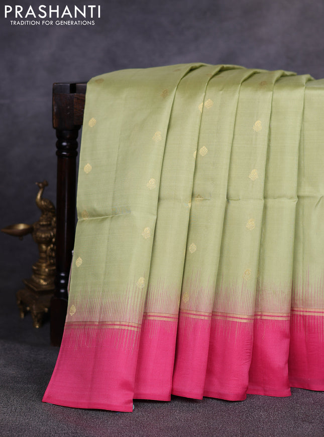 Pure soft silk saree pastel green and pink with allover zari woven buttas and zari woven simple border