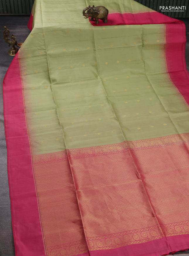 Pure soft silk saree pastel green and pink with allover zari woven buttas and zari woven simple border