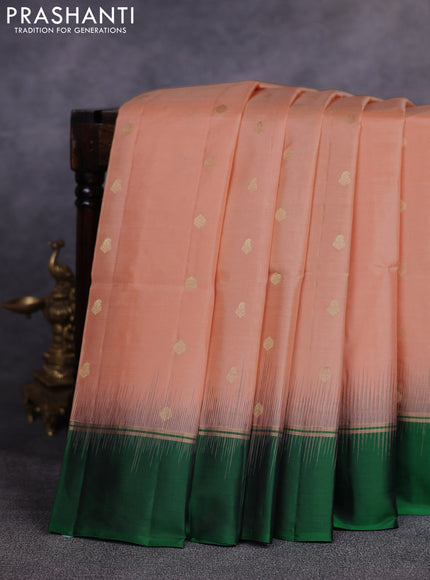 Pure soft silk saree peach shade and green with allover zari woven buttas and zari woven simple border
