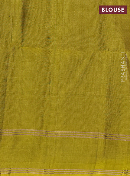 Pure soft silk saree rust shade and mustard green with allover zari weaves pattern and rettapet zari woven border