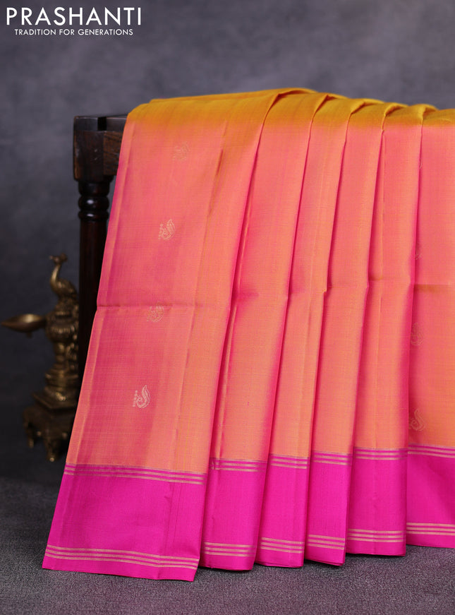 Pure soft silk saree sunset orange and pink with allover zari woven buttas and rettapet zari woven border