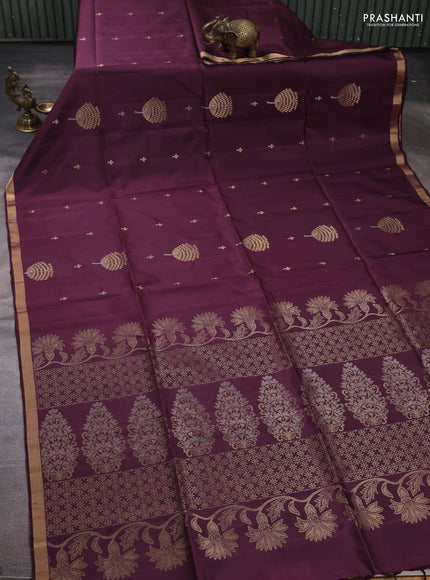 Pure soft silk saree deep wine shade with allover zari woven buttas and small zari woven border