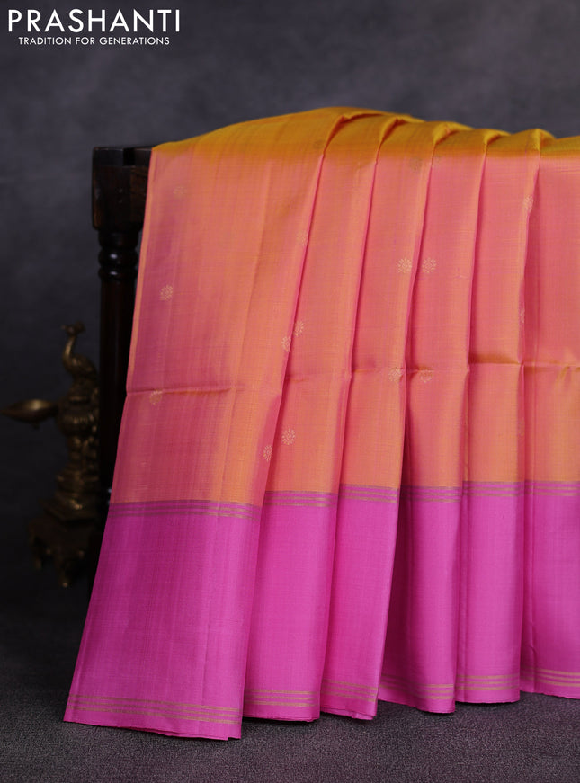 Pure soft silk saree peach shade and mauve pink with allover zari woven buttas and rettapet zari woven border