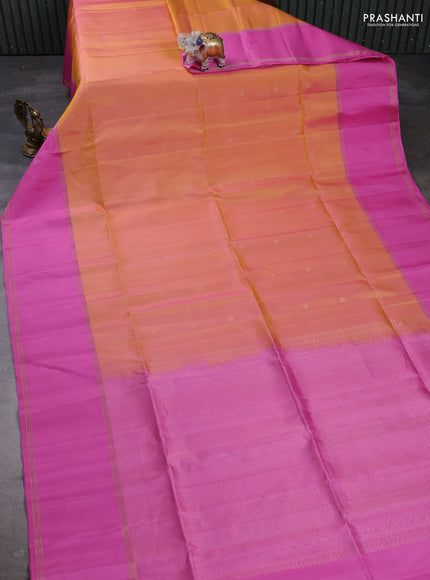 Pure soft silk saree peach shade and mauve pink with allover zari woven buttas and rettapet zari woven border