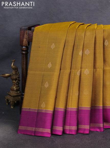 Pure soft silk saree mustard green and magenta pink with allover zari woven buttas and rettapet zari woven border