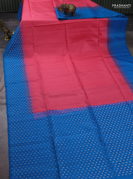 Pure soft silk saree peach pink and cs blue with plain body and zari woven butta border