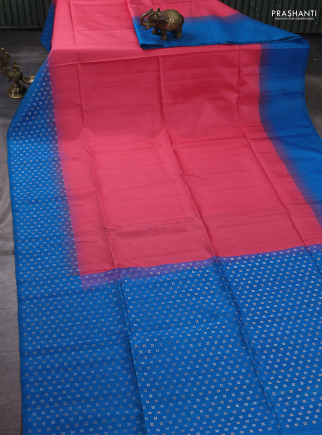 Pure soft silk saree peach pink and cs blue with plain body and zari woven butta border