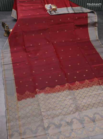 Pure soft silk saree deep maroon and grey with allover zari woven buttas and rettapet zari woven border