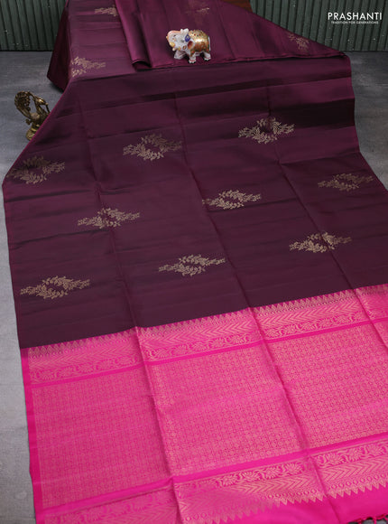 Pure soft silk saree deep wine shade and pink with zari woven buttas in borderless style