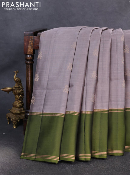 Pure soft silk saree grey and olive green with allover zari woven buttas and rettapet zari woven border
