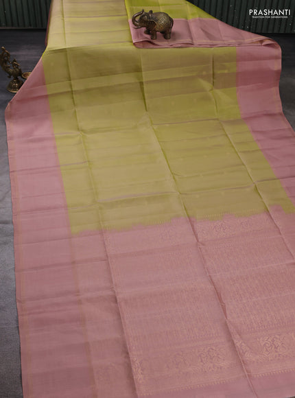 Pure soft silk saree elaichi green and pastel pink with allover zari woven buttas and rettapet zari woven border