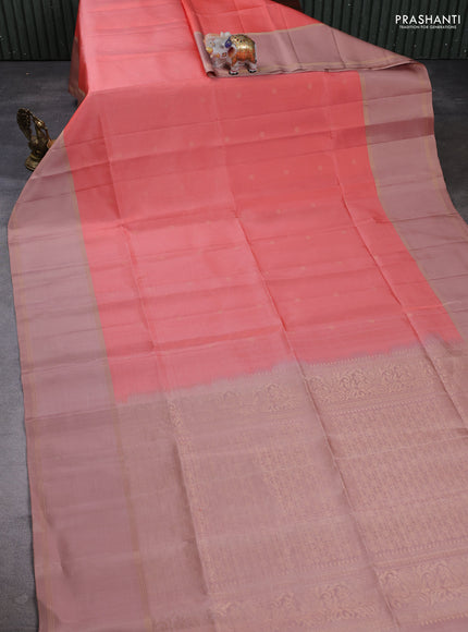 Pure soft silk saree peach shade and pastel peach with allover zari woven buttas and zari woven simple border