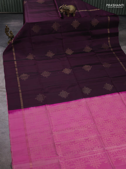 Pure soft silk saree deep purple and pink with allover zari woven buttas and zari woven simple border