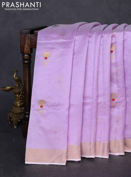 Pure chanderi silk saree mild lavender with allover checks & buttas and zari woven border