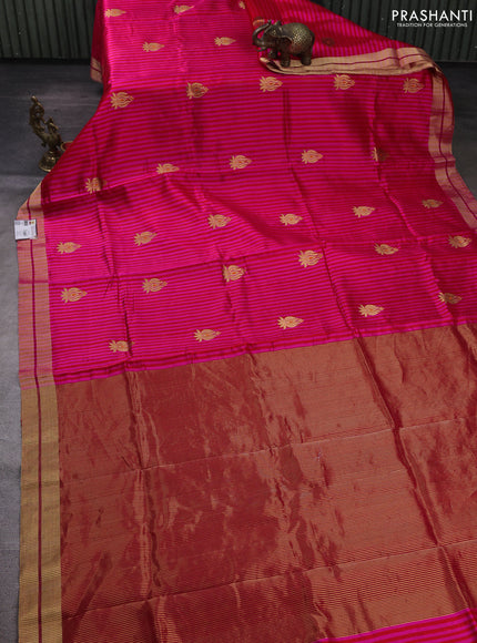 Pure chanderi silk saree pink red with allover stripes & buttas and zari woven border