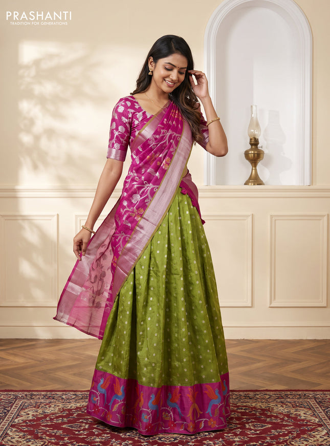 Cotton zari kota unstitched lehenga mehendi green and purple with allover zari woven buttas and long bird design zari woven border