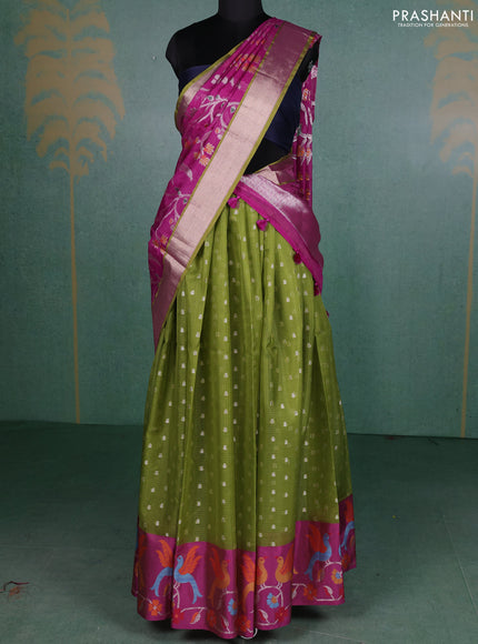 Cotton zari kota unstitched lehenga mehendi green and purple with allover zari woven buttas and long bird design zari woven border