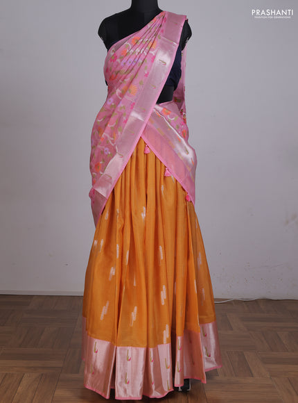 Cotton zari kota unstitched lehenga dark mustard and light pink with silver zari woven buttas and silver zari woven muniya butta border