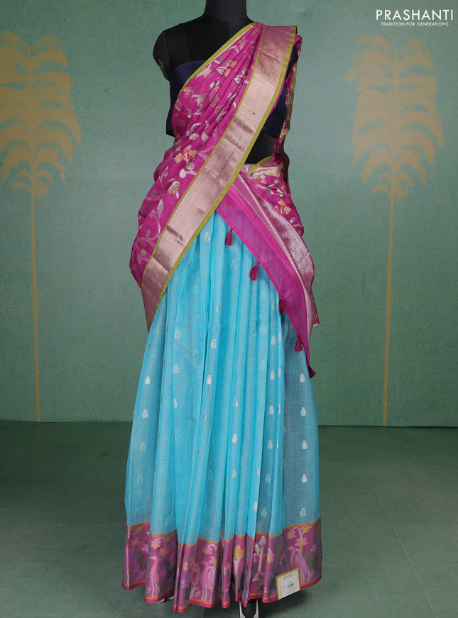 Cotton zari kota unstitched lehenga teal blue and purple with silver zari woven buttas and zari woven border