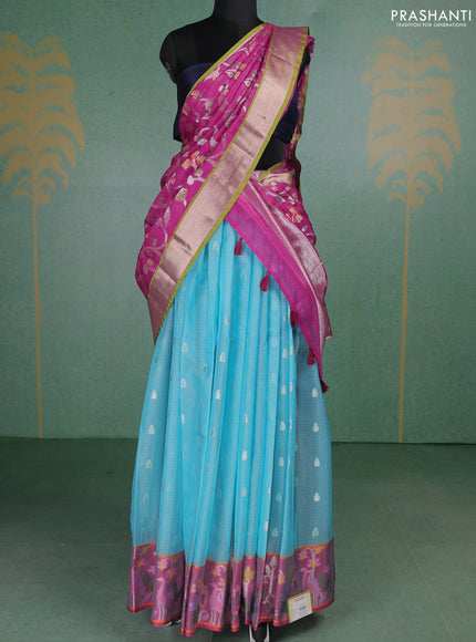 Cotton zari kota unstitched lehenga teal blue and purple with silver zari woven buttas and zari woven border