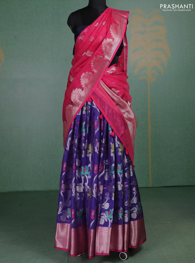 Cotton zari kota unstitched lehenga blue and pink with allover silver zari weaves and zari woven border