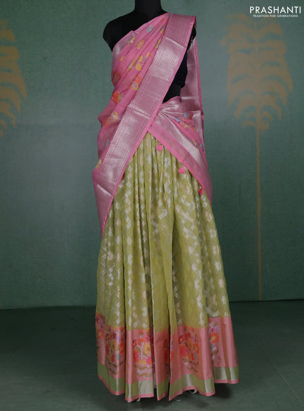 Cotton zari kota unstitched lehenga pista green and light pink with allover silver zari weaves and floral design zari woven border