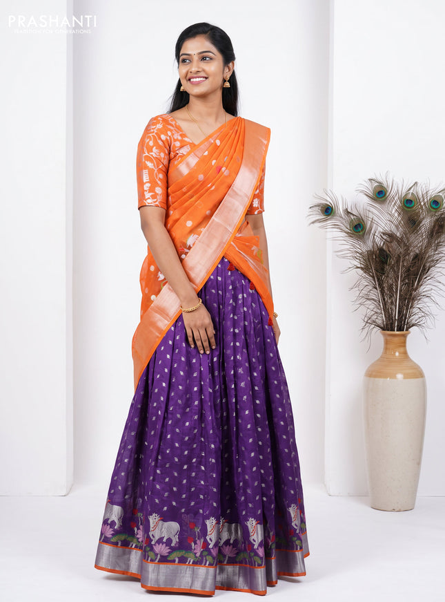 Cotton zari kota unstitched lehenga orange and violet with silver zari woven pichwai buttas and long pichwai silver zari woven border