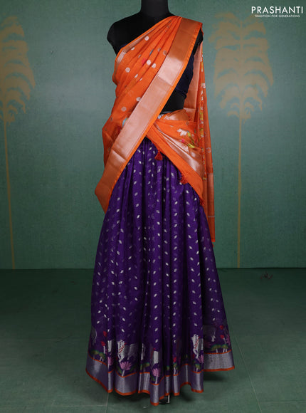 Cotton zari kota unstitched lehenga orange and violet with silver zari woven pichwai buttas and long pichwai silver zari woven border