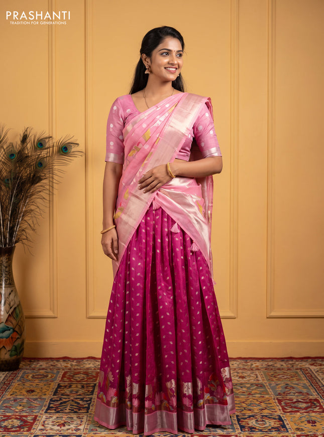Cotton zari kota unstitched lehenga light pink and purple with silver zari woven pichwai buttas and long pichwai silver zari woven border
