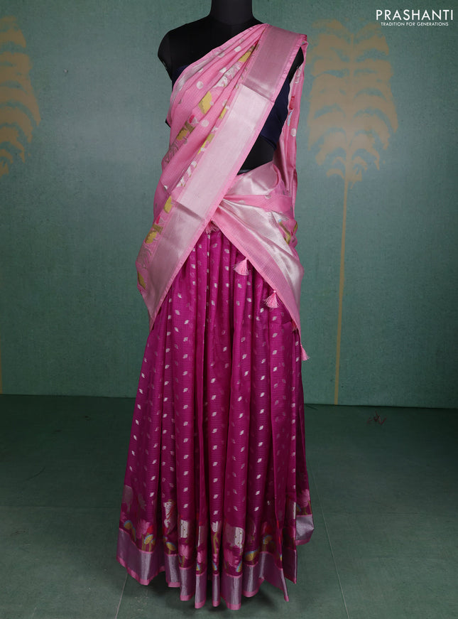 Cotton zari kota unstitched lehenga light pink and purple with silver zari woven pichwai buttas and long pichwai silver zari woven border