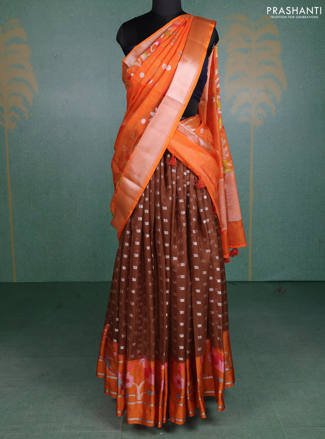 Cotton zari kota unstitched lehenga brown and orange with silver zari woven pichwai buttas and rettapet silver zari woven border