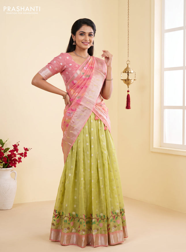 Cotton zari kota unstitched lehenga pista green and peach shade with silver zari woven buttas and long rich silver zari woven border