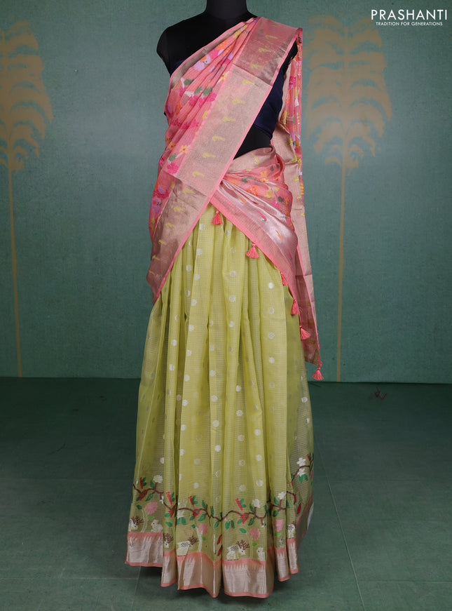 Cotton zari kota unstitched lehenga pista green and peach shade with silver zari woven buttas and long rich silver zari woven border