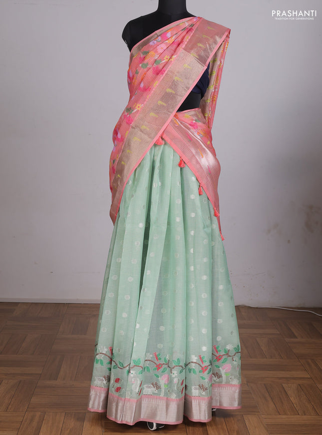 Cotton zari kota unstitched lehenga mild teal green and peach shade with silver zari woven buttas and long rich silver zari woven border