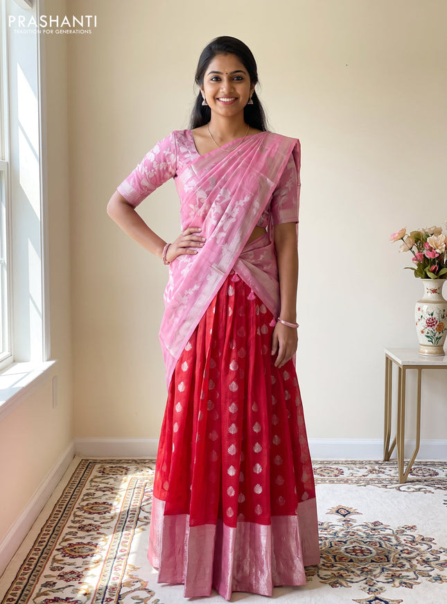 Cotton zari kota unstitched lehenga red and light pink with silver zari woven buttas and long rich silver zari woven border