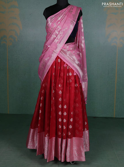 Cotton zari kota unstitched lehenga red and light pink with silver zari woven buttas and long rich silver zari woven border