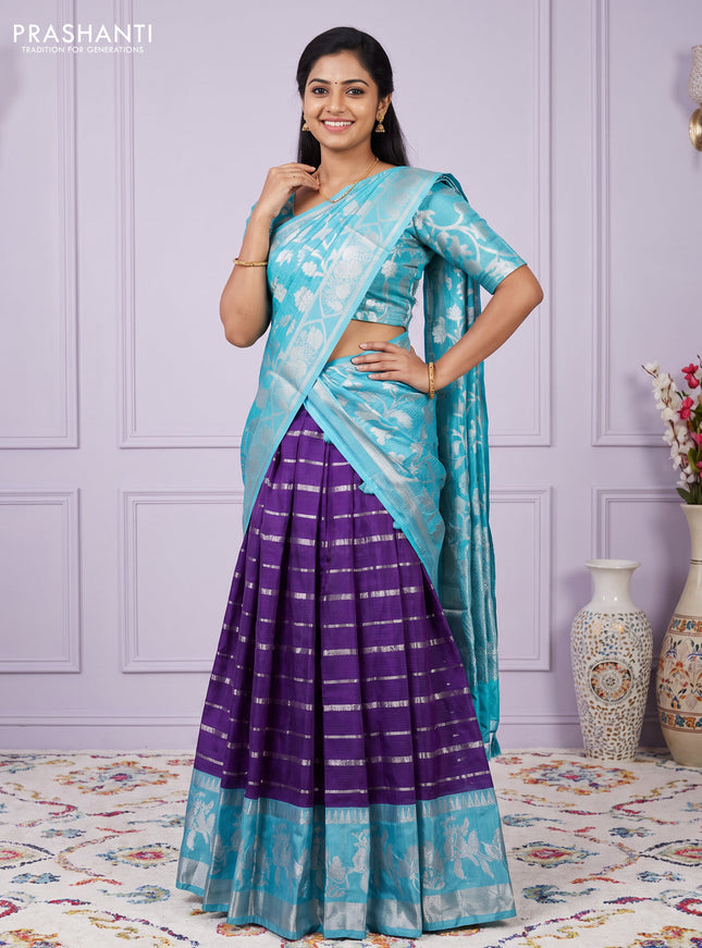 Cotton zari kota unstitched lehenga violet and light blue with allover silver zari stripes pattern and silver zari woven border