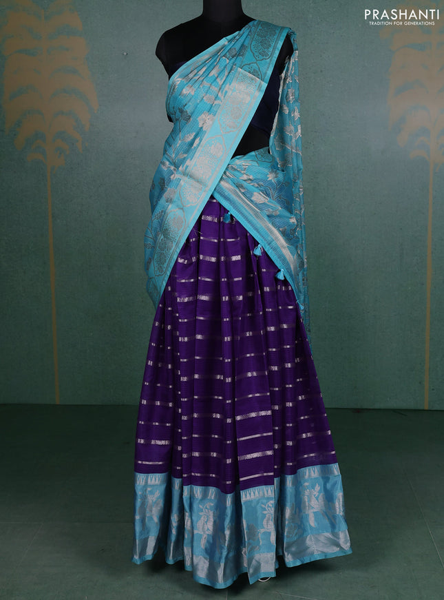 Cotton zari kota unstitched lehenga violet and light blue with allover silver zari stripes pattern and silver zari woven border