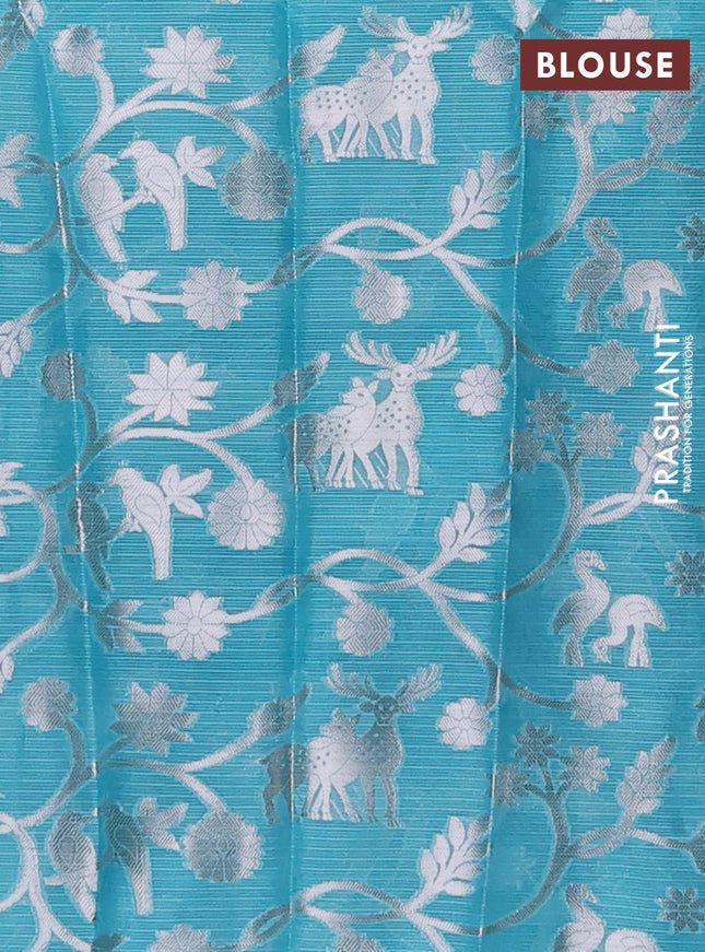 Cotton zari kota unstitched lehenga violet and light blue with allover silver zari stripes pattern and silver zari woven border