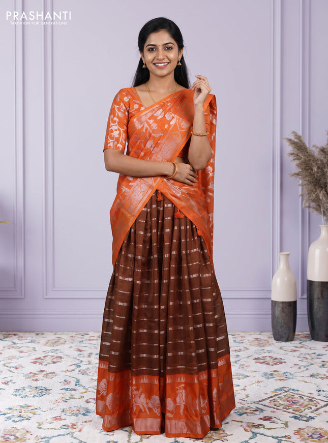 Cotton zari kota unstitched lehenga brown and orange with allover silver zari stripes pattern and silver zari woven border