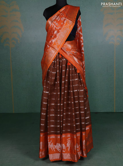 Cotton zari kota unstitched lehenga brown and orange with allover silver zari stripes pattern and silver zari woven border