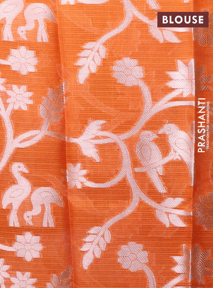 Cotton zari kota unstitched lehenga brown and orange with allover silver zari stripes pattern and silver zari woven border