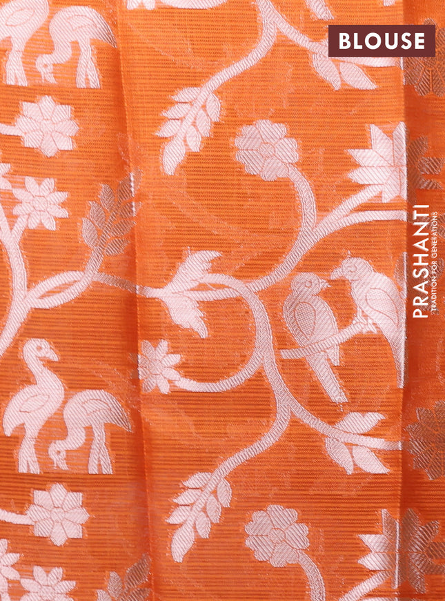 Cotton zari kota unstitched lehenga brown and orange with allover silver zari stripes pattern and silver zari woven border