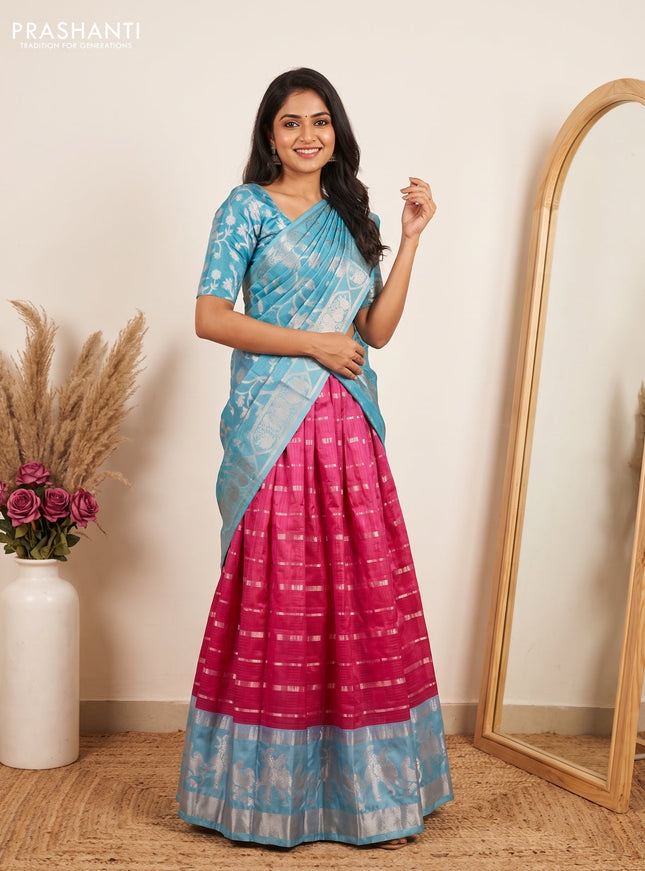 Cotton zari kota unstitched lehenga pink and light blue with allover silver zari stripes pattern and silver zari woven border