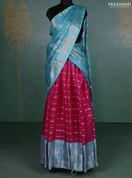 Cotton zari kota unstitched lehenga pink and light blue with allover silver zari stripes pattern and silver zari woven border
