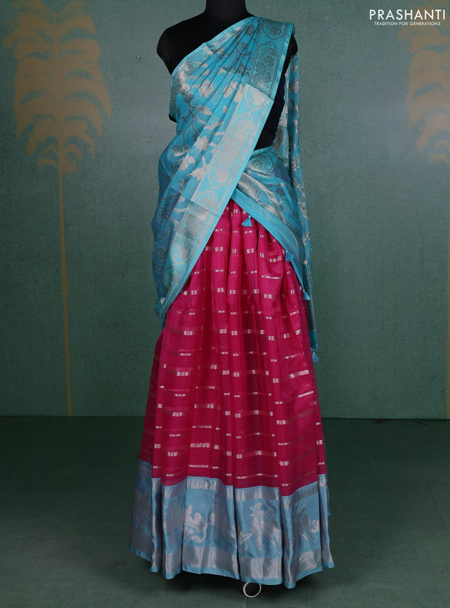 Cotton zari kota unstitched lehenga pink and light blue with allover silver zari stripes pattern and silver zari woven border